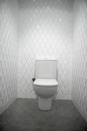 toilet in a white narrow room diamond shape tiles の写真素材