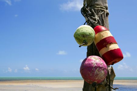 Florida Keys sea view with old fender colorful buoy aged still on wood poleの写真素材
