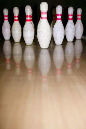 Bowling bolus row reflexion on wooden parquet floorの写真素材