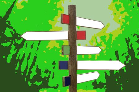Crossroad wooden directional arrow signs copy space in green forest background