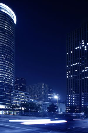 Blue night city lights and buildings in Houston downtown Texas