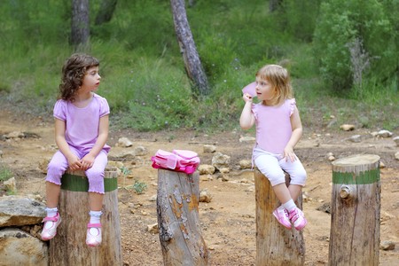 two little girls sit on forest park tree trunks green pine woodsの写真素材