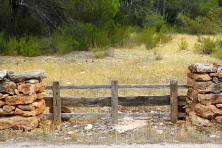 masonry stone wall wooden fence door pine forest Formentera Balearic islandsの写真素材
