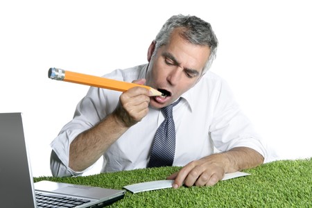 businessman senior sign bank check funny humor gesture big pencil on green grassの写真素材