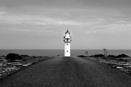 Barbaria lighthouse Formentera from road perspective Balearic Islandsの写真素材