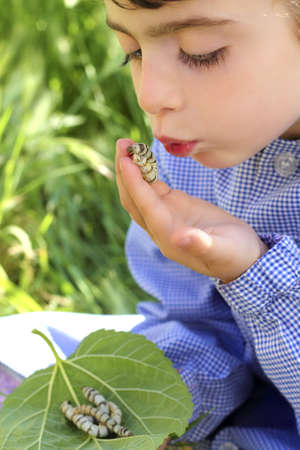 little girl palying with silkworm in hands with school uniform  の写真素材