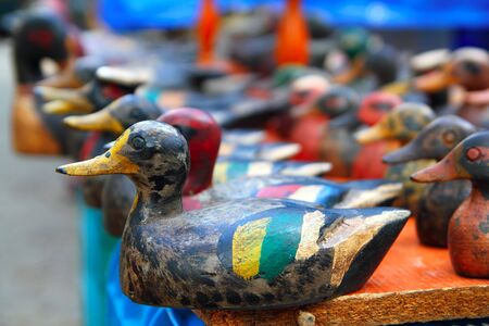 Duck decoy arrangement row colorful hand painted for huntersの写真素材