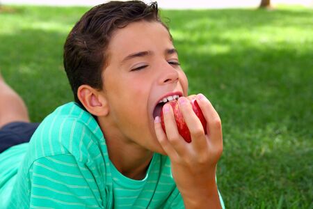boy teenager eating red apple laying on garden grass outdoorsの写真素材