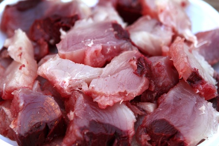 Tuna fish meat cut in pieces albacore red meatの写真素材