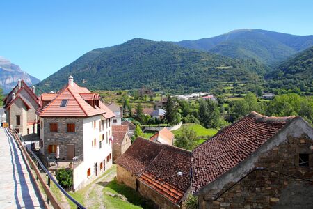 Hecho valley village stone streets in Pyrenees Spain Aragonの写真素材