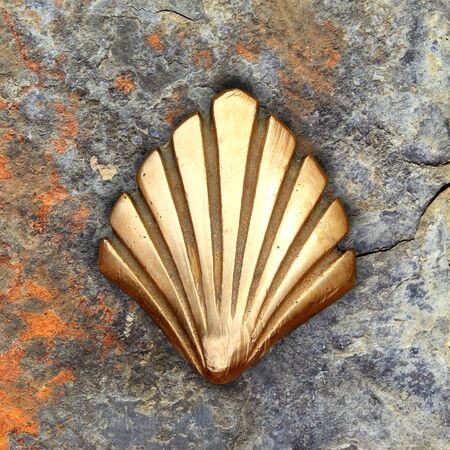 Saint James way shell golden metal on streets soil stone floorの写真素材
