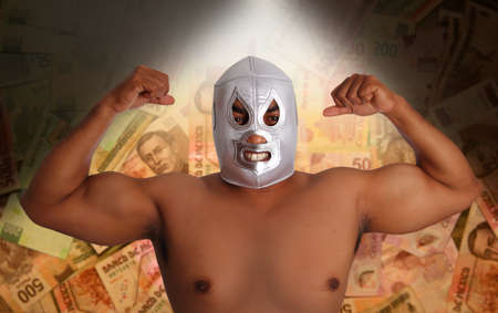mexican wrestling mask silver fighter gesture Mexico pesos notes bet metaphorの写真素材