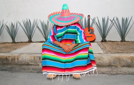 Mexican man sit serape agave guitarの写真素材