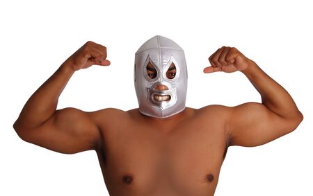 mexican wrestling mask silver fighter gesture isolated on white backgroundの写真素材