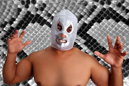 mexican wrestling mask silver fighter gesture snake texture backgroundの写真素材