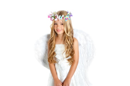 Angel children girl with white wings and flowers crownの写真素材