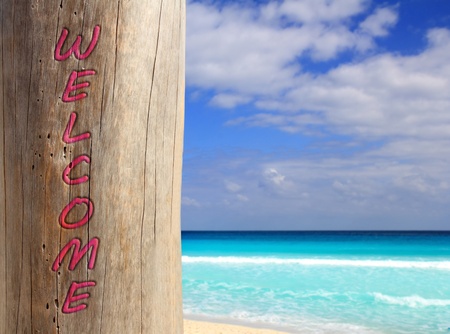 Caribbean tropical beach trunk with welcome word writtenの写真素材