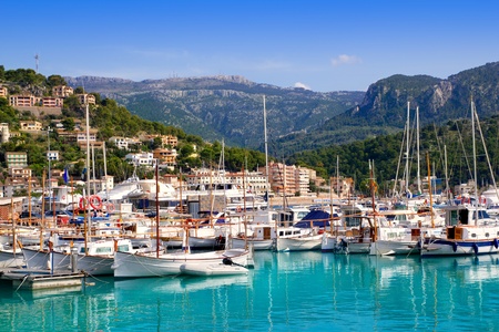 Port de Soller view with tramontana mountain in Mallorca island in Spainの写真素材