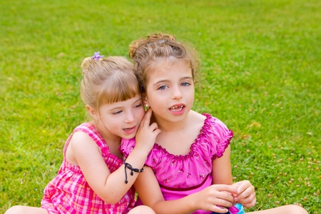 two sister children girls happy in the grass park