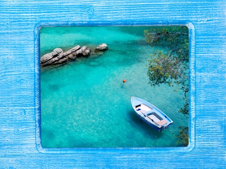 blue wood border frame with Mallorca beach high viewの写真素材
