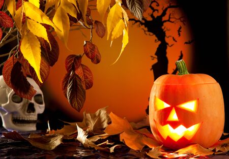 Halloween orange pumpkin lantern with autumn leavesの写真素材
