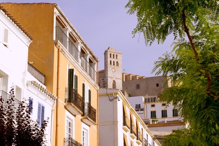 Ibiza town Eivissa houses and hig up church in balearic islandsの写真素材