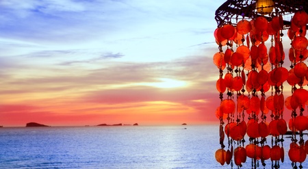 Ibiza cala Conta Conmte sunset with red lampの写真素材
