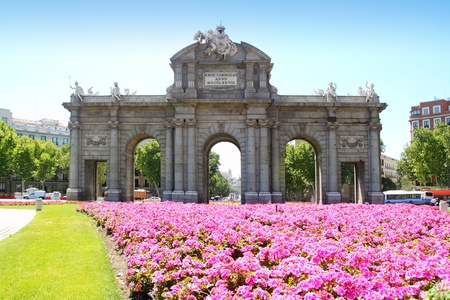 Madrid Puerta de Alcala with flower gardens in Spainのeditorial素材