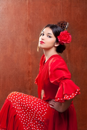 Flamenco dancer Spain woman gipsy with red rose and spanish peineta combの写真素材