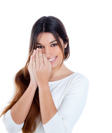 Asian indian shy brunette girl similing portrait with hands in face Asian indian shy brunette girl similing portrait with hands in face