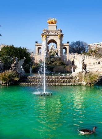 Barcelona ciudadela park lake fountain with golden quadriga of Auroraの写真素材