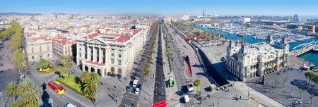 Aerial panoramic Barcelona view Port Passeig Colon and Ramblas