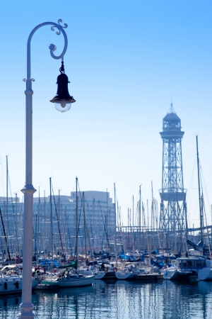 Barcelona marina port with teleferic tower and boats の写真素材