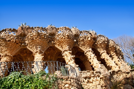 Arcade of masonry stone columns in Park Guell Barcelona of Gaudi modernismの写真素材