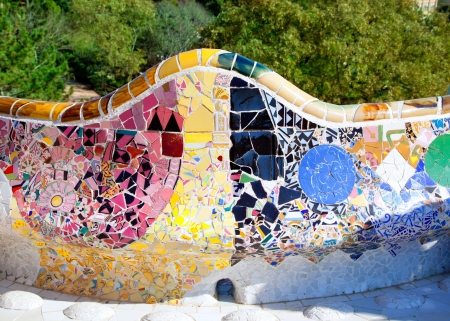 Barcelona Park Guell of Gaudi tiles mosaic serpentine bench modernismの写真素材
