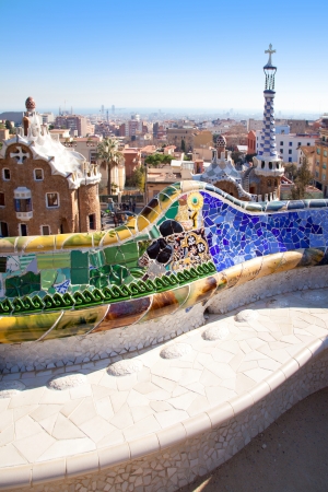 Barcelona Park Guell of Gaudi tiles mosaic serpentine bench modernismの写真素材