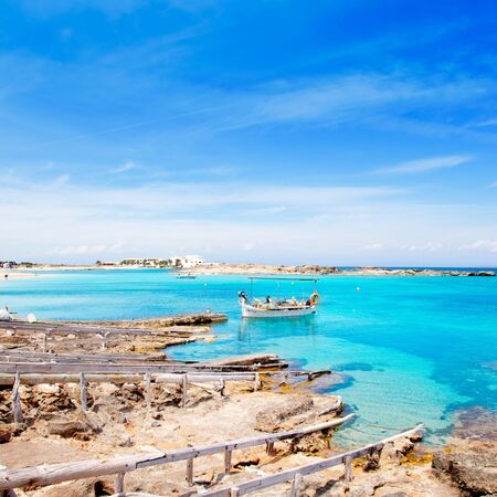 Els Pujols beach in Formentera with traditional fishing boat in summer dayのeditorial素材