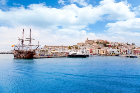 Eivissa ibiza town with old classic wooden corsair boatの写真素材