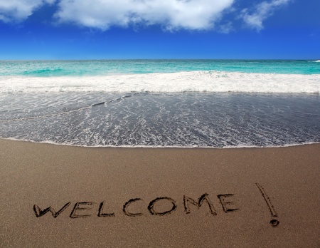 Brown sand beach with written word Welcome in Canary Islandsの写真素材