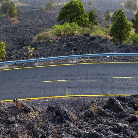 La Palma road detail in volcanic lava landscape at Canary Islandsの写真素材
