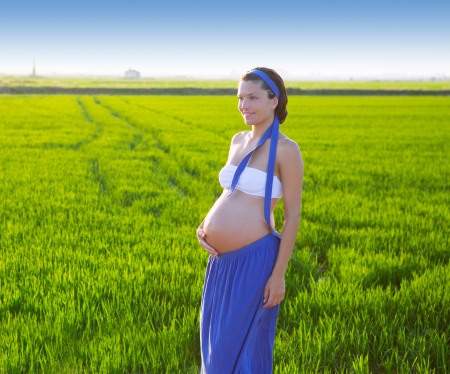 Beautiful pregnant woman walking outdoor nature on green rice fieldsの写真素材
