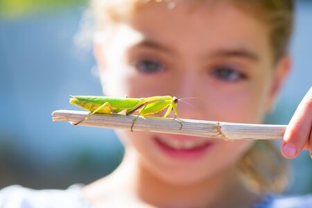 scientific naturalist biologist kid girl looking praying mantis insect closeupの写真素材