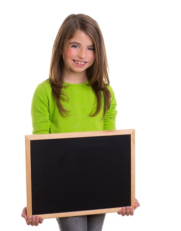 child smiling girl with blank frame copy space black blackboard happyの写真素材