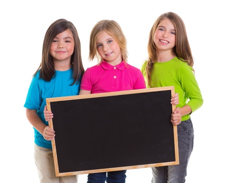 children group kid girls holding blank blackboard copy space on white backgroundの写真素材