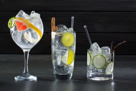 Gin tonic varied cocktails with lima cucumber and grapefruitの写真素材