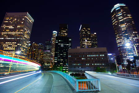 Downtown LA night Los Angeles sunset skyline California from 110 freeway