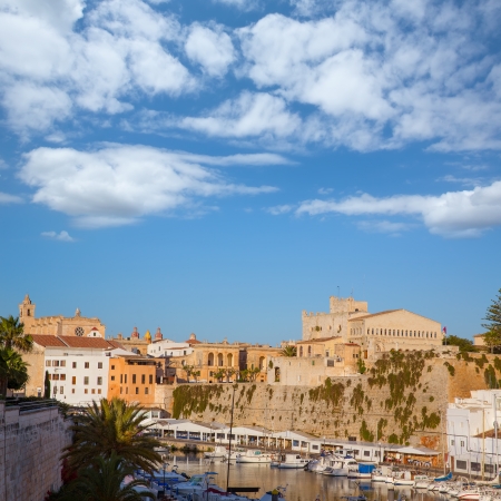 Ciutadella Menorca marina boats Port with town hall and cathedral in Balearic islandsのeditorial素材