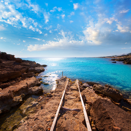 Formentera Es Calo des Mort beach turquoise Mediterranean at Mitjorn of balearic islandsの写真素材