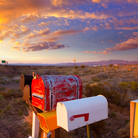 Grunge mail boxes in a row at Arizona desert USAの写真素材