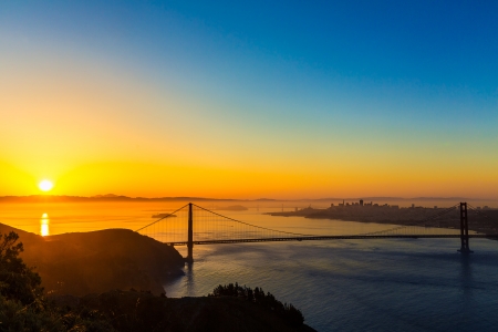 San Francisco Golden Gate Bridge sunrise California USA from Marin headlandsの写真素材